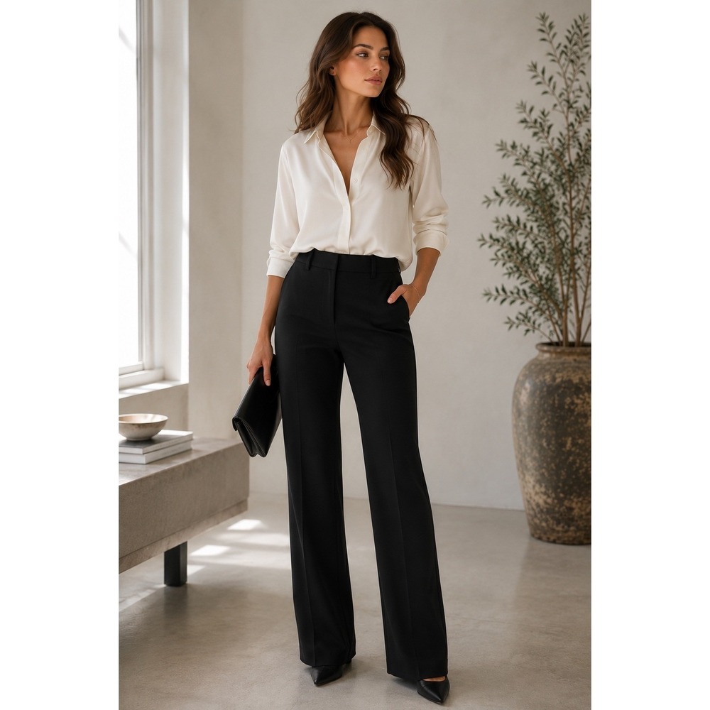 Nili Lotan Black Wide Leg Dress Pants Size 0 Creased Front Professional Office